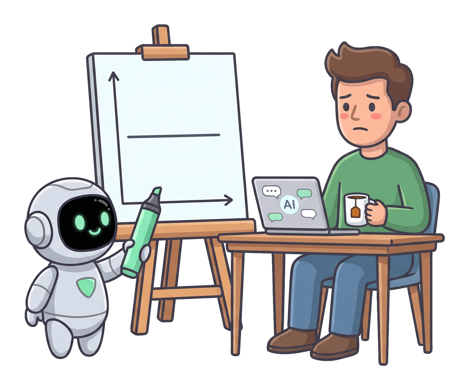 The JIM AI man at his desk with an AI chat open on his laptop and his mug in hand, looking at a wall chart with a flat line. The friendly robot beside him holds a marker, about to draw the line upwards.
