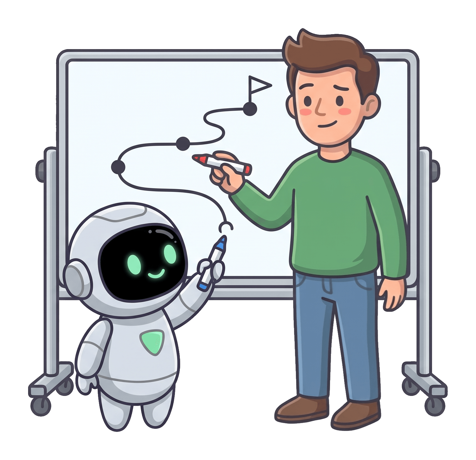 The man and the robot at a whiteboard, mapping a plan together.